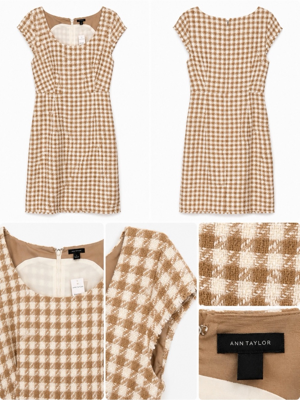 Ann Taylor Camel and Cream Houndstooth Cap-Sleeve Sheath Dress